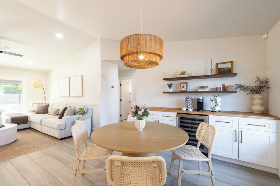 Boho dining nook + built-in coffee bar — mornings made beautiful