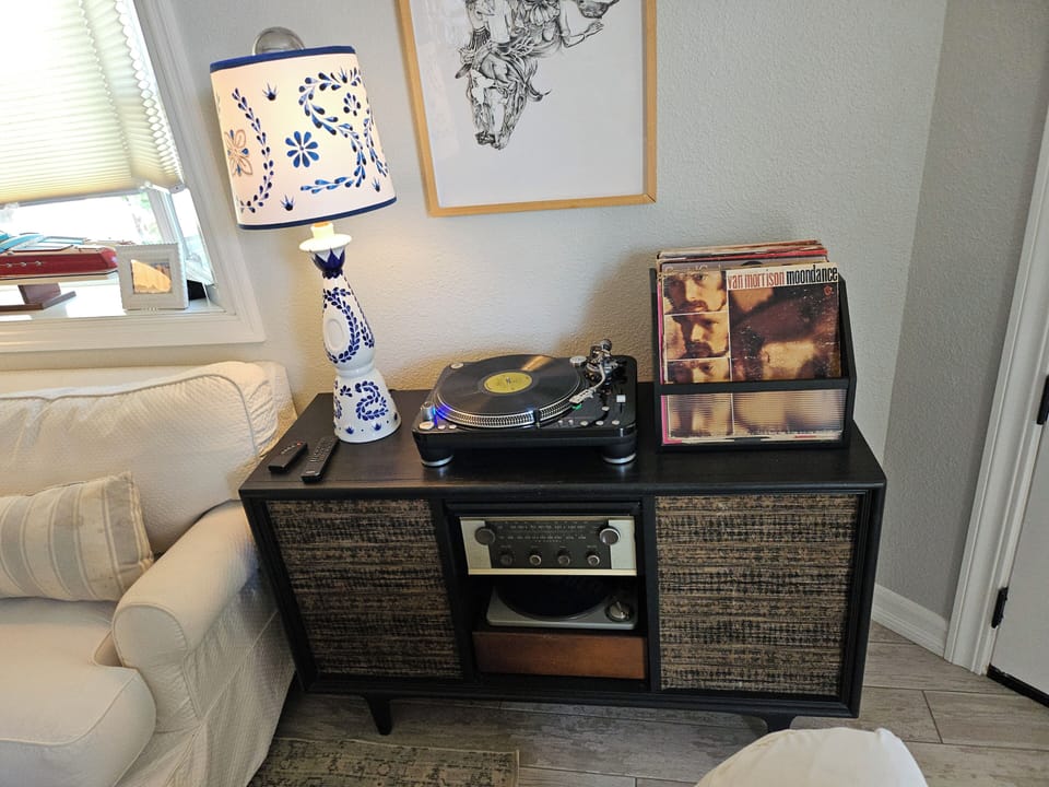 A professional vinyl turntable is connected to the sonos sound system