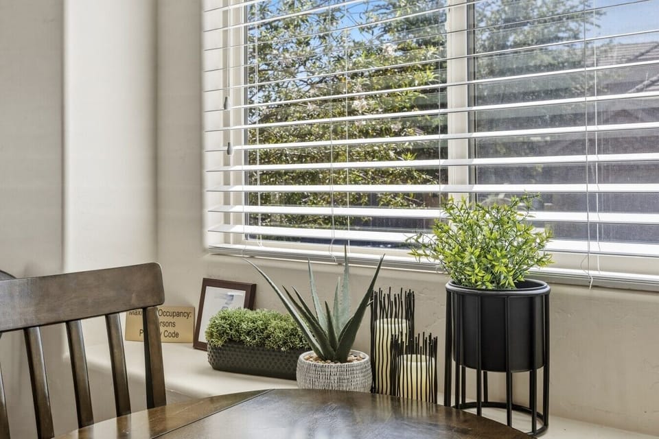 Bright living room with leather seating and large windows