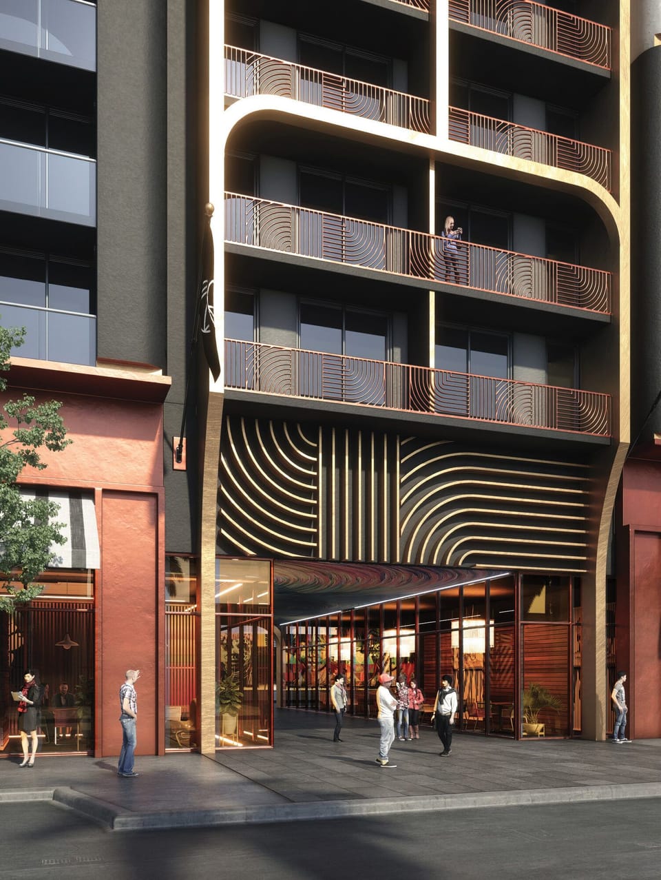 Main entrance — designer facade with red brick and architectural arches