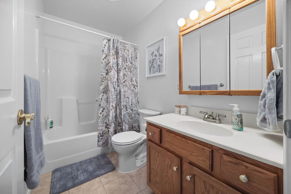 Full bathroom with tub/shower combo featuring chemical free soaps!