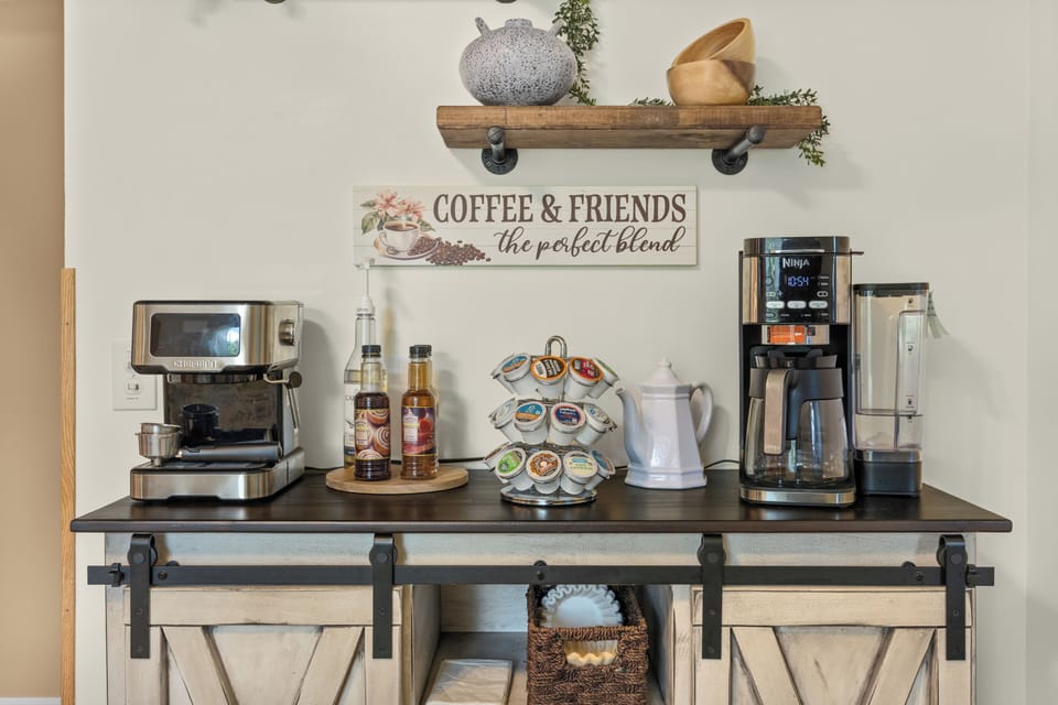 Espresso, Keurig pods, drip coffee, tea and flavored syrups all in one station. 