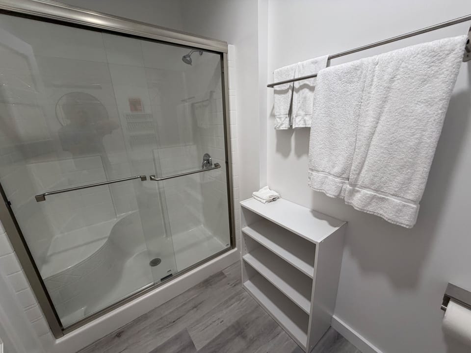 Shower, free toiletries, hair dryer, towels