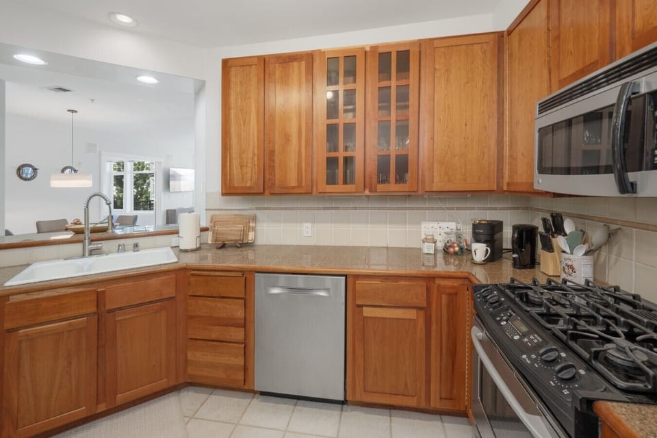 Spacious kitchen with ample counter space.