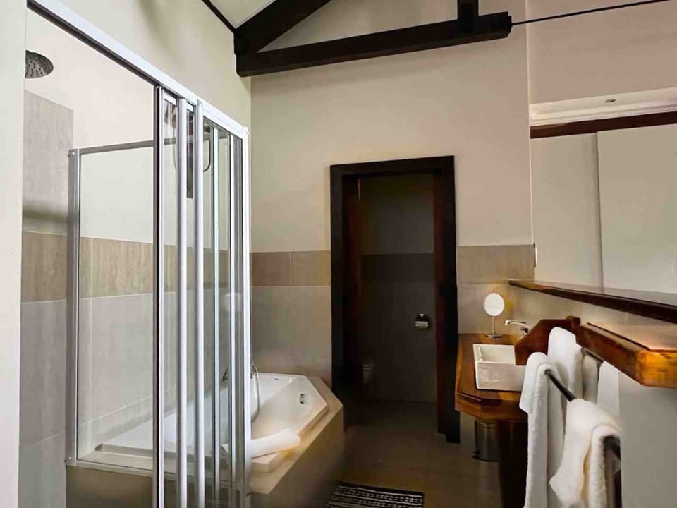 Luxury Double Room | Bathroom | Separate tub and shower, rainfall showerhead, hair dryer, towels