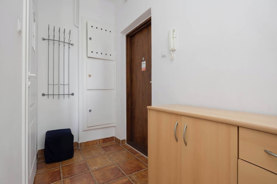 Hallway with built-in storage cabinets and wooden entrance door.