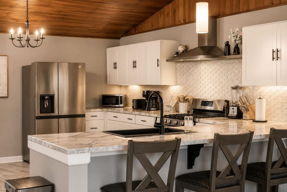 The fully updated kitchen features modern finishes and plenty of space for preparing meals.