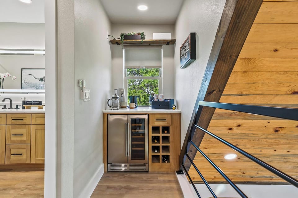Morning to night covered:single serve, French press, wine fridge, bottle storage