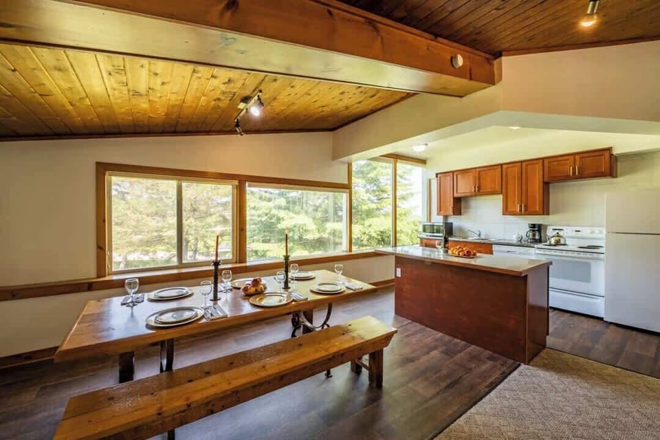 Big dining table, well equipped kitchen