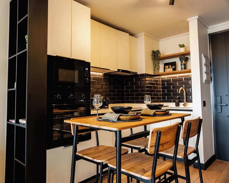 Cozy and stylish kitchen with modern amenities and a charming dining area, perfect for intimate meals.