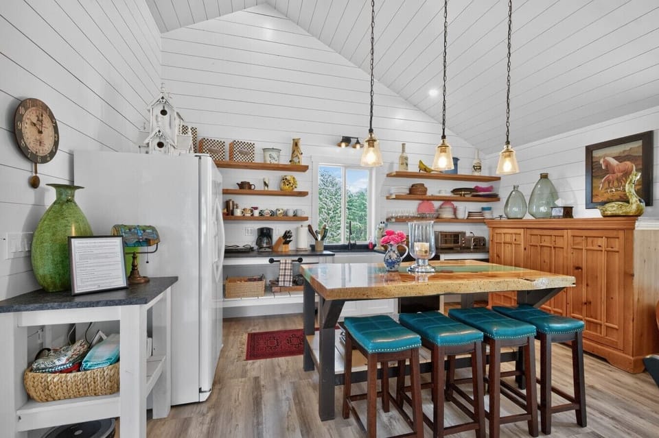 Kitchen | Rustic Dining Table | Open Shelving & Pendant Lighting