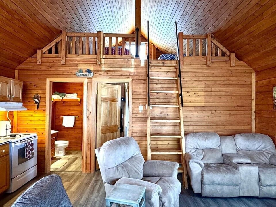 Living Room | Wood Cabin Interior & Loft Ladders | Open Kitchen Layout
