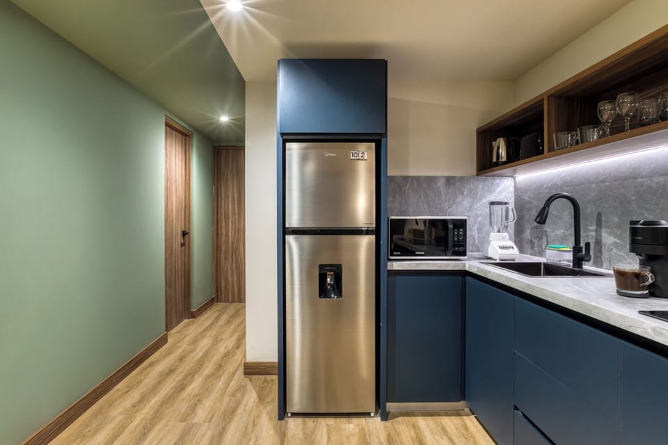 Full-size fridge, microwave, stovetop, blender