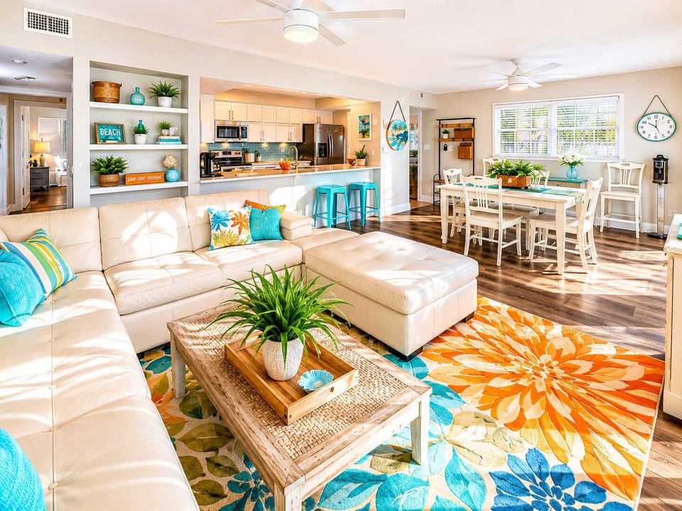 Luxury Coastal Living at The Beach Chill – This beautifully designed great room combines elegant coastal décor, comfortable lounge seating, and an open-concept layout that brings everyone together. 