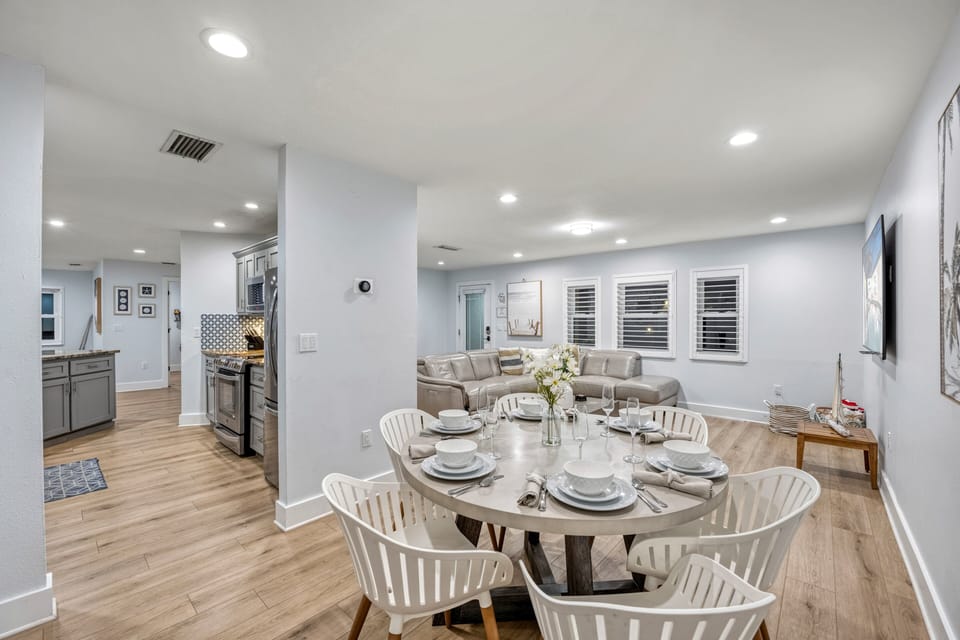 Dining table set for shared meals and group dinners.