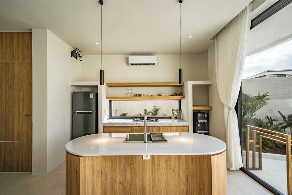 Villa, 1 Bedroom, Private Pool, Pool View | Private kitchen | Freezer, dining tables, kitchen islands