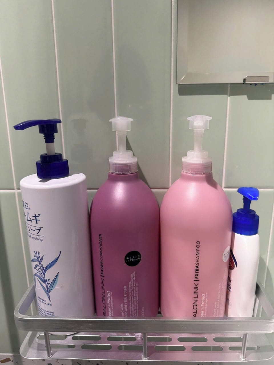 Hair dryer, slippers, towels, soap