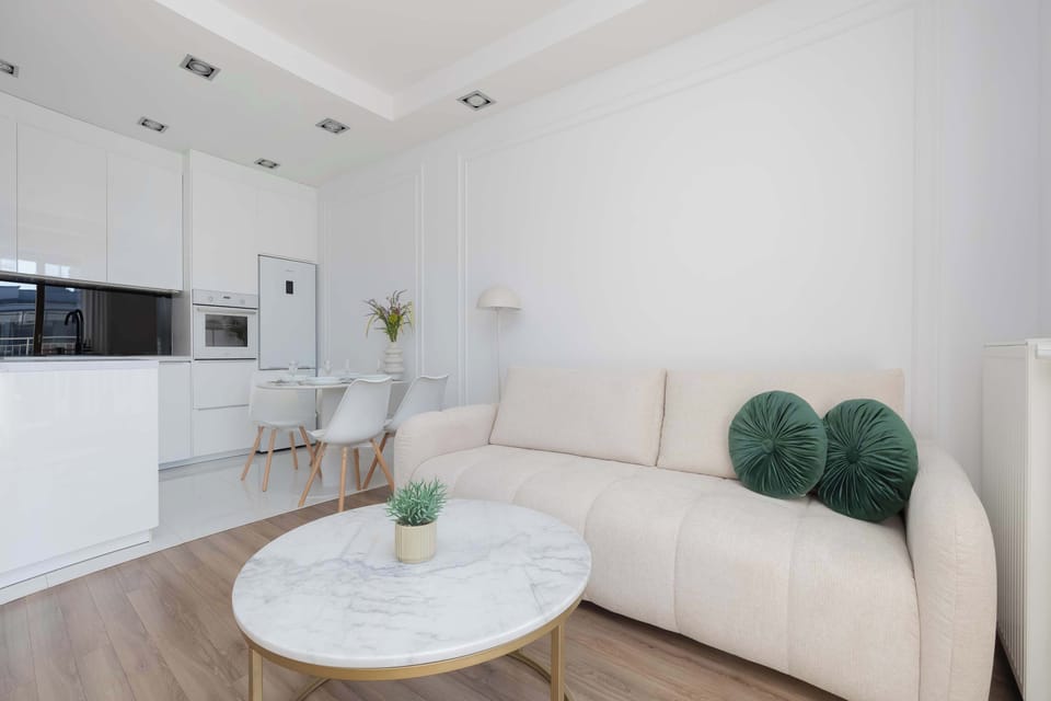 Another angle of a modern living room with a comfortable seating area and a compact kitchen in the background. The space feels bright, clean, and well-organized.
