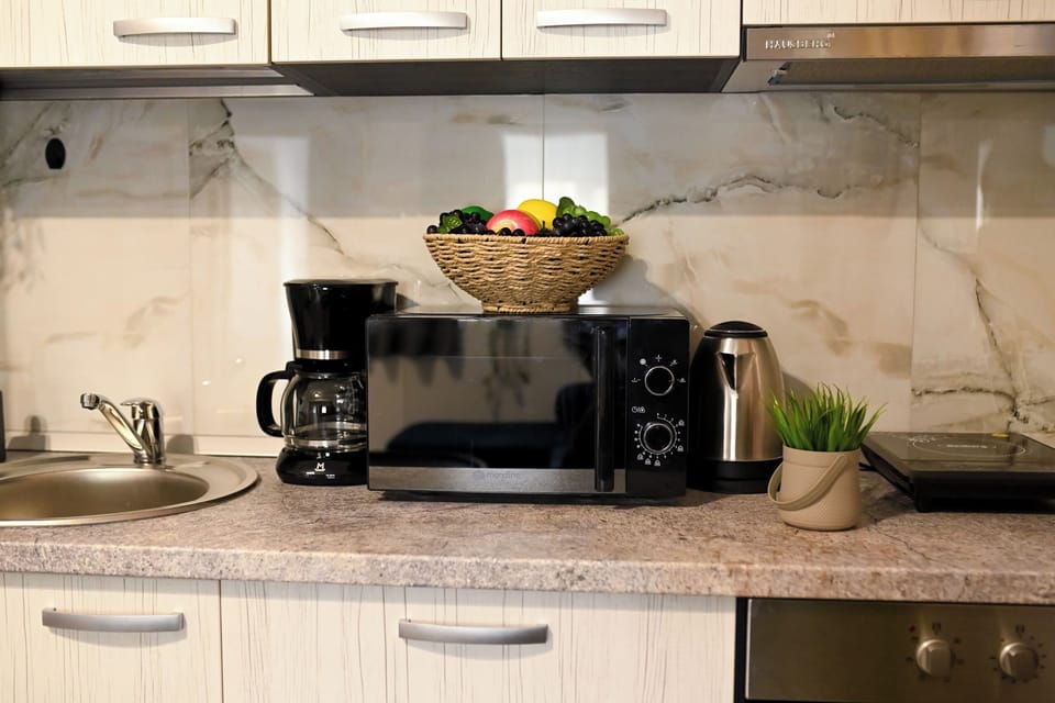 Full-size fridge, microwave, oven, stovetop