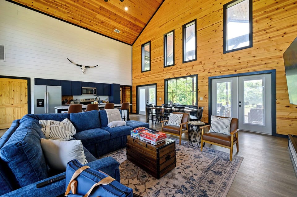 Gather, stream, and unwind. The main living space seats the whole group with room to spare — gas fireplace on for cozy season (Oct–Apr).
