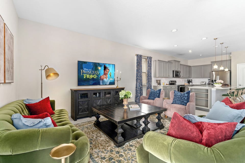 Living room with colorful seating and fairy-tale family lounge space