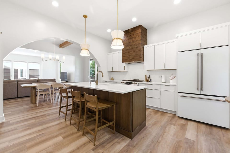 A chef-worthy kitchen that keeps the whole group in view.