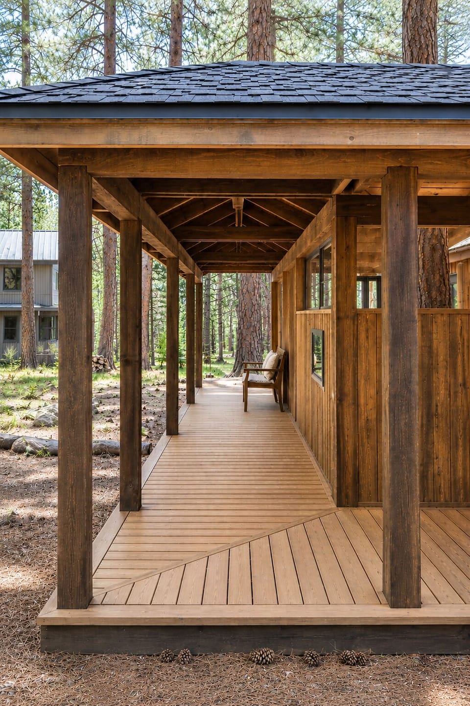 A peaceful forest escape awaits you, with a covered wooden porch providing the perfect spot to sip your morning coffee among towering pines.