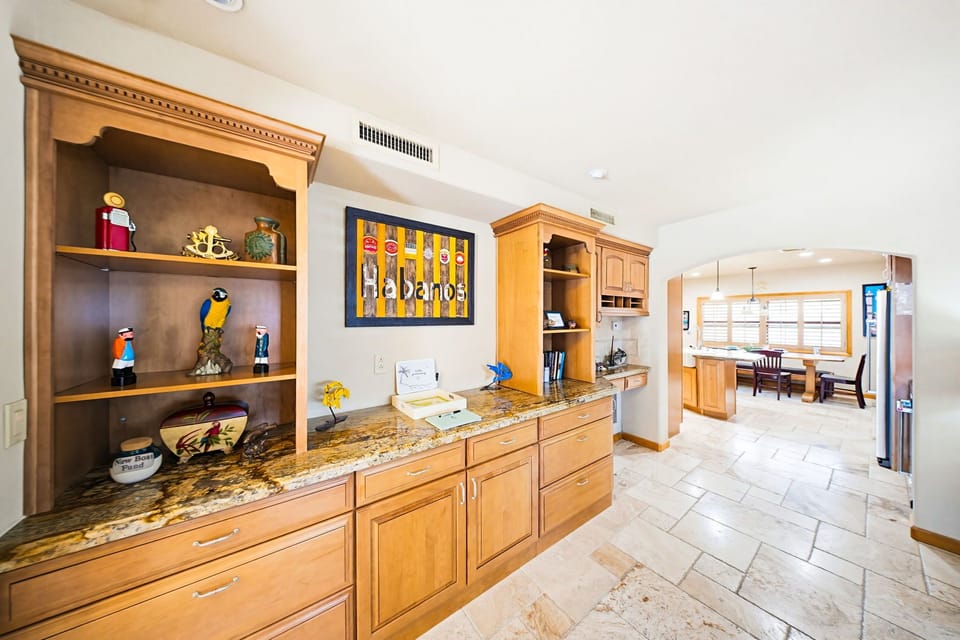 Plenty of countertop space and a small built in desk.