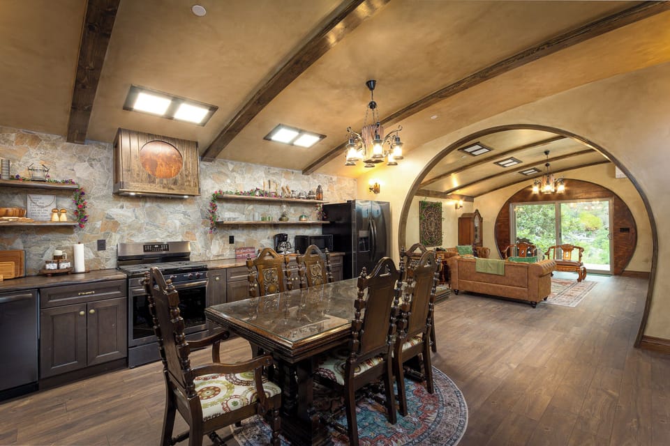 The kitchen is filled with cozy charm and whimsical storybook details. 