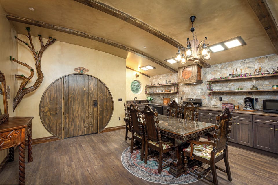The kitchen is filled with cozy charm and whimsical storybook details. 