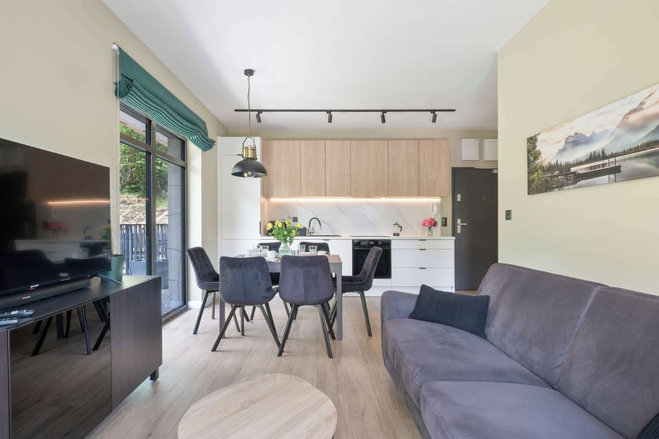 The living area features a sleek coffee table and a flat-screen television.