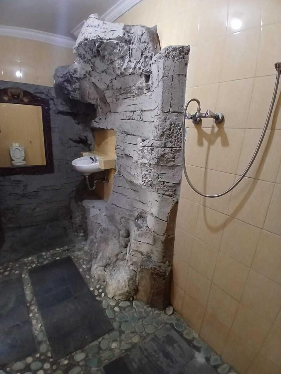 Shower, rainfall showerhead, towels, toilet paper