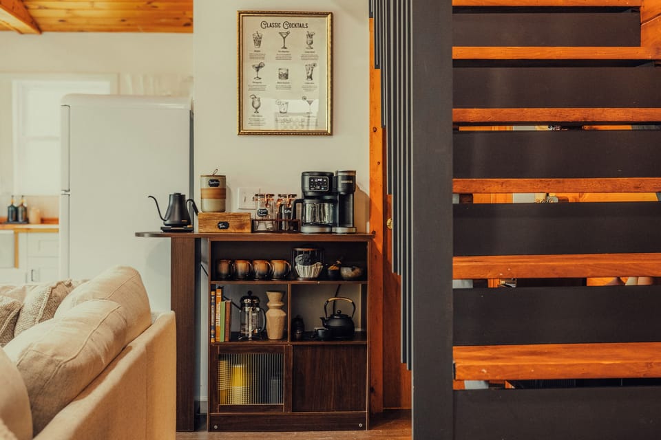 Coffee & tea bar at Inkwood Reserve — gooseneck pour-over kettle, hand grinder, espresso machine, French press and a matcha setup for the perfect Catskills morning in Livingston Manor, NY