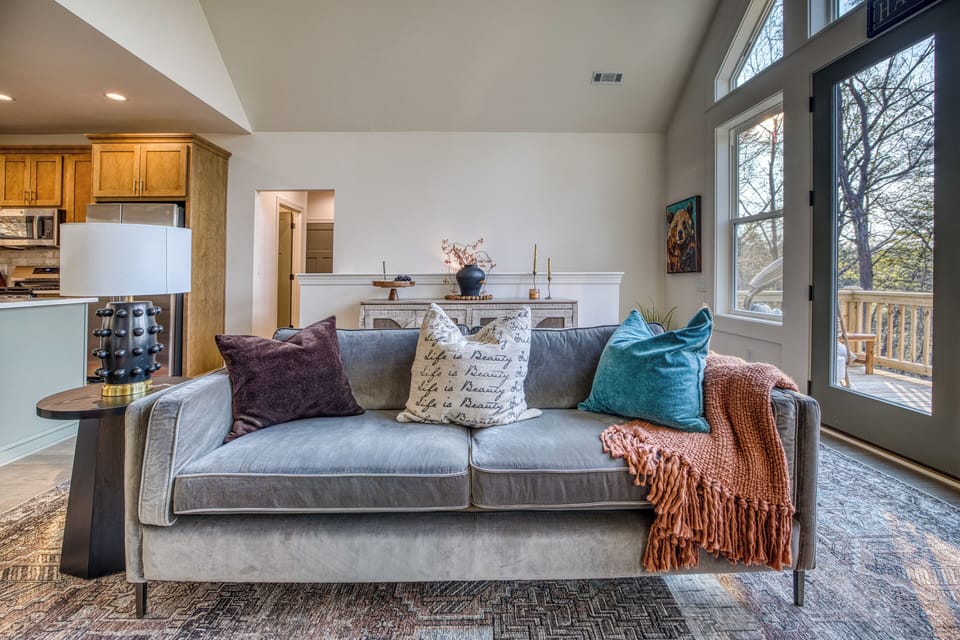 Plush couch and cozy living room perfect for relaxing.