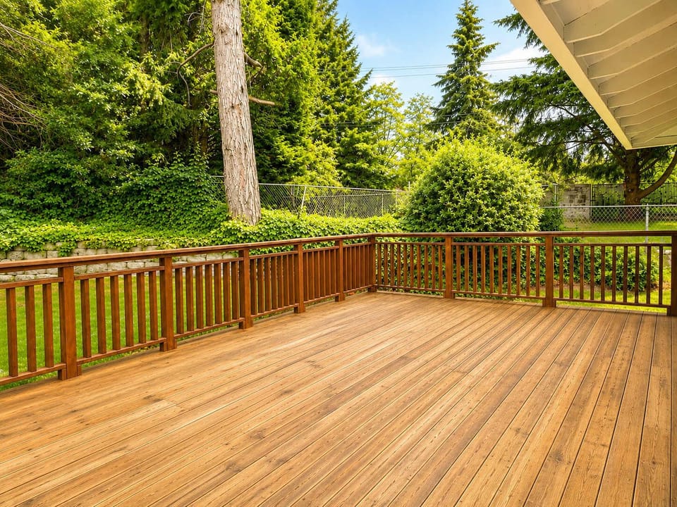 Step outside to a spacious wooden deck that is perfect for outdoor dining and entertaining.