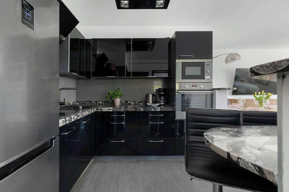 Modern kitchen with black cabinetry and sleek countertops