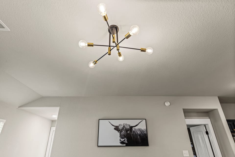Stylish modern lighting fixtures that enhance the warm, contemporary feel!