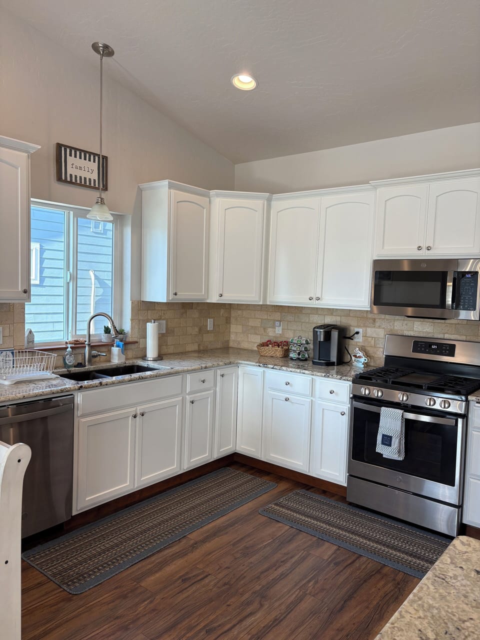 Our kitchen is spacious and well equipped with service for six, a full array of BBQ tools, coffee maker, crock pot, electric feting pan, air fryer, and more.