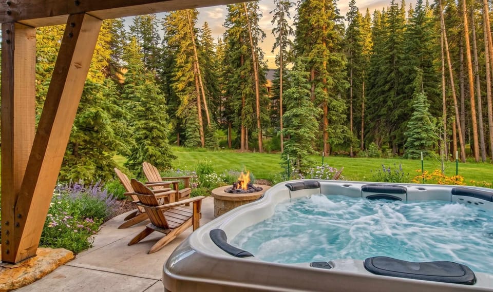 Patio: Private 6-person Bullfrog hot tub, gas fire pit, ground level