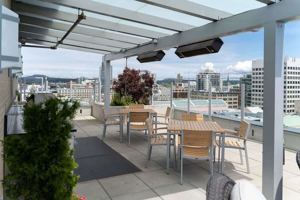 Communal rooftop outdoor eating area