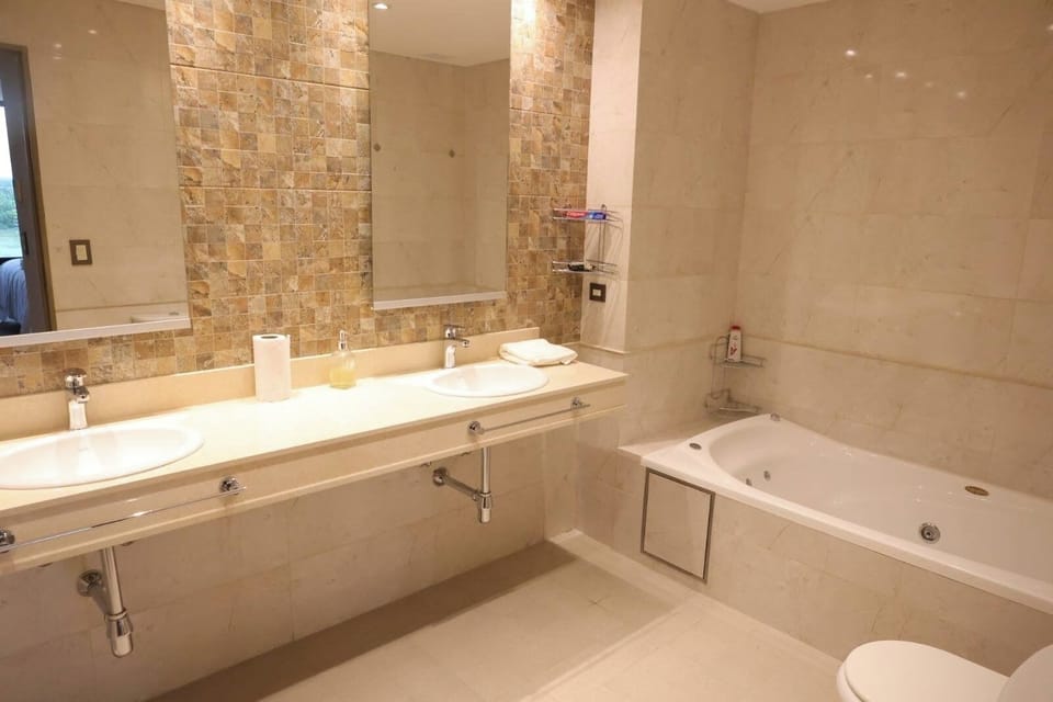 Hair dryer, towels, soap, shampoo