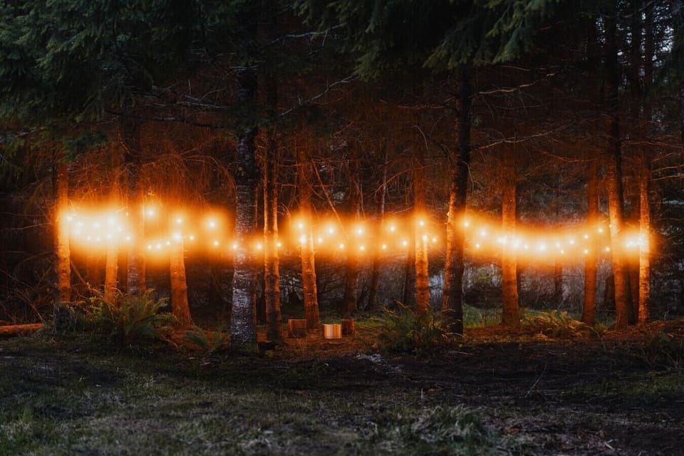 Circle of Lights Forest Firepit Area - As the sun goes down, the forest retreat comes alive with glowing string lights surrounding the secluded firepit area beneath the trees.