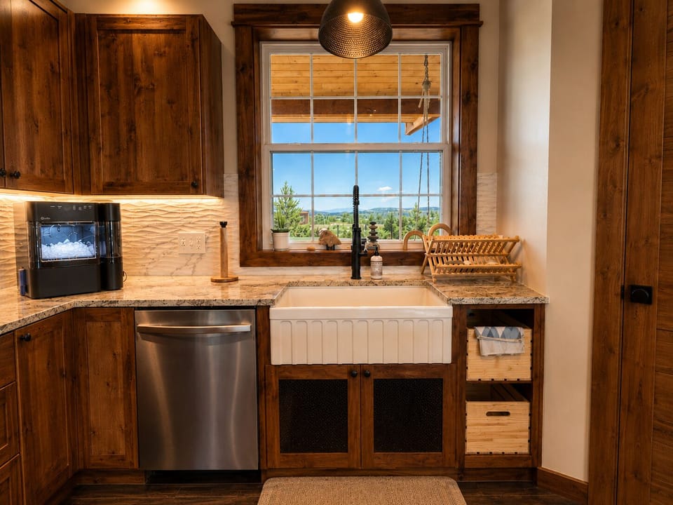 Rustic farmhouse sink with mountain views and warm wood finishes
