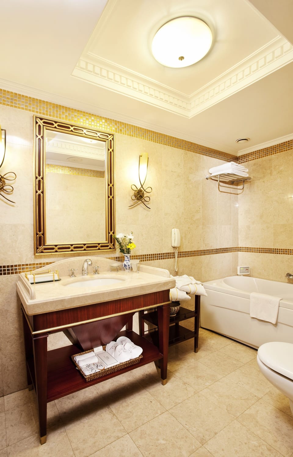 Combined shower/tub, jetted tub, free toiletries, hair dryer