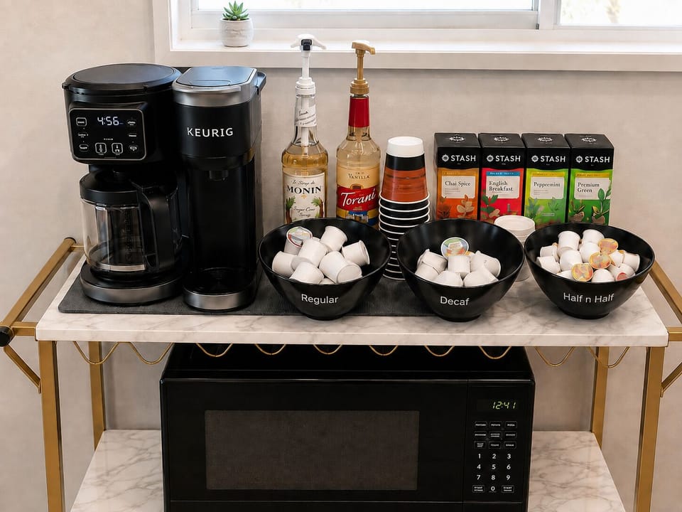 Coffee n Tea station. Pure cane and vanilla syrup. Regular, Decaf and 1/2 n 1/2.