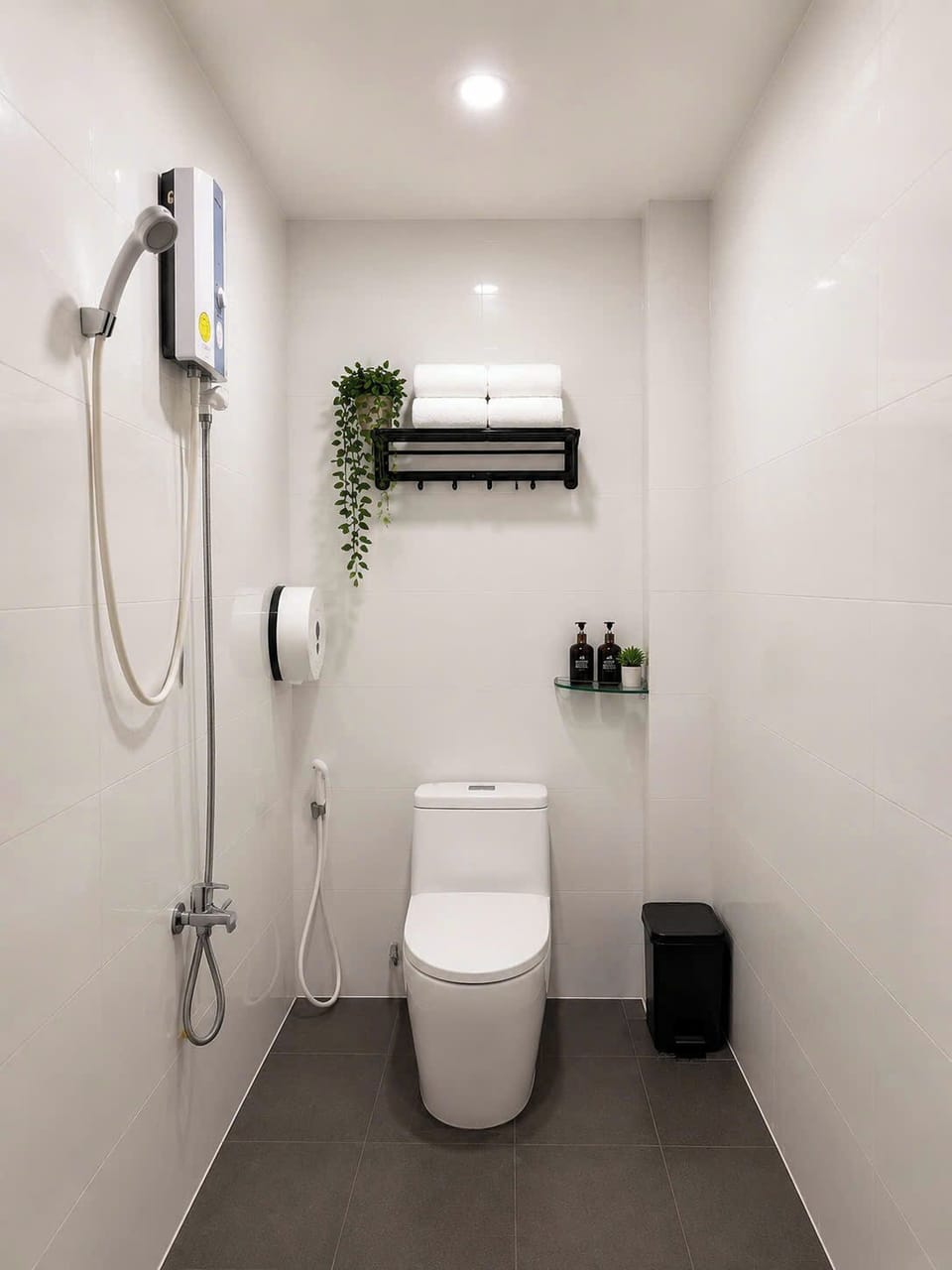 Shower, hair dryer, slippers, towels