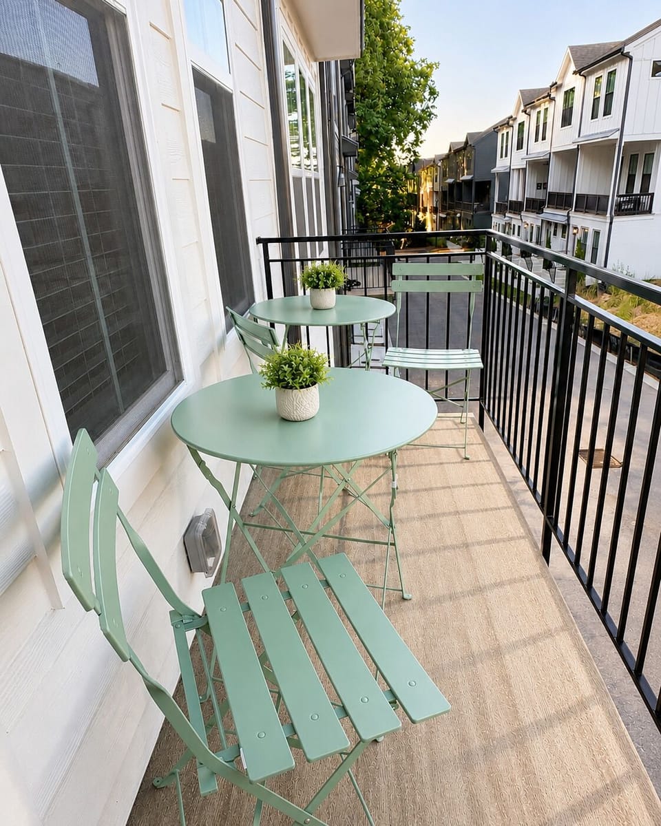 Balcony seating for four with two tables and city vibes.