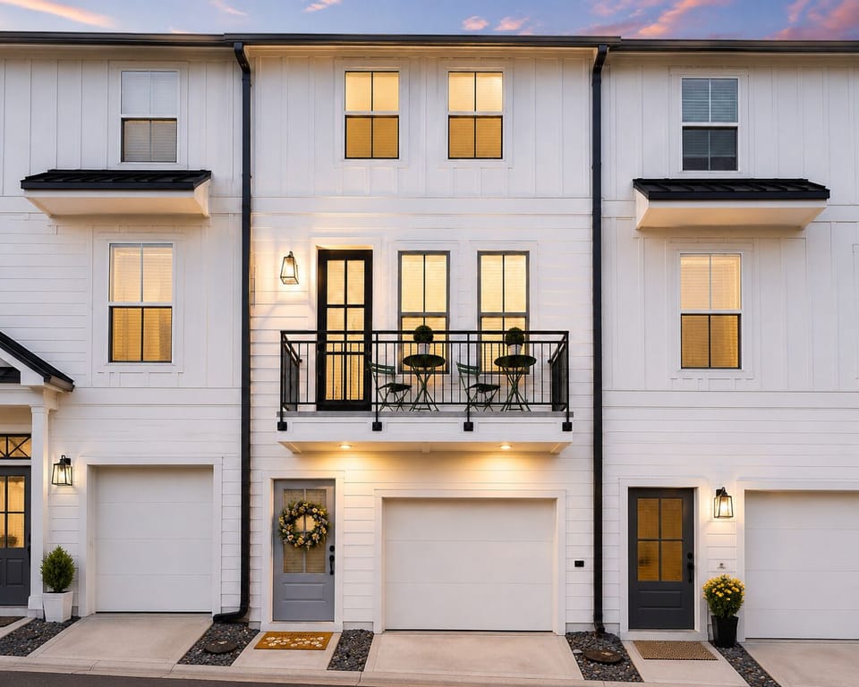 Luxury townhome exterior with glowing lights and elevated balcony charm.