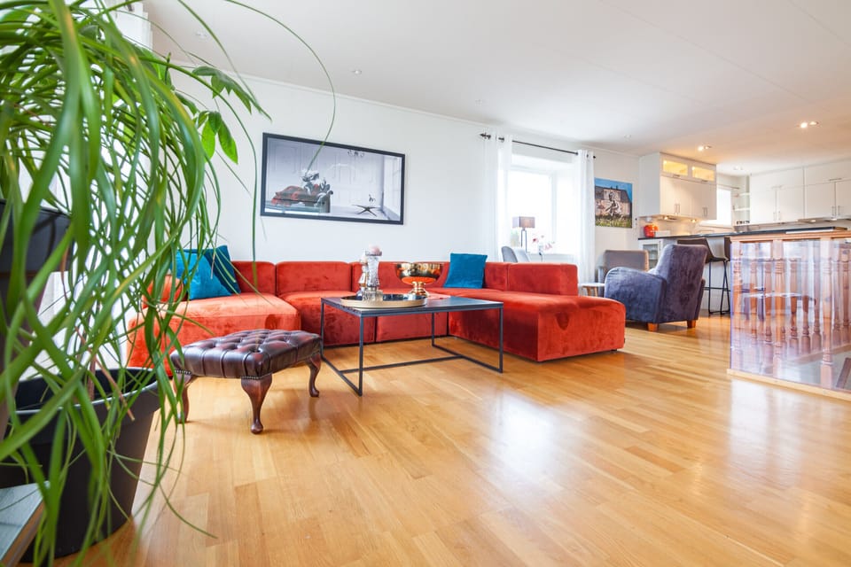Spacious living room with multiple seating areas