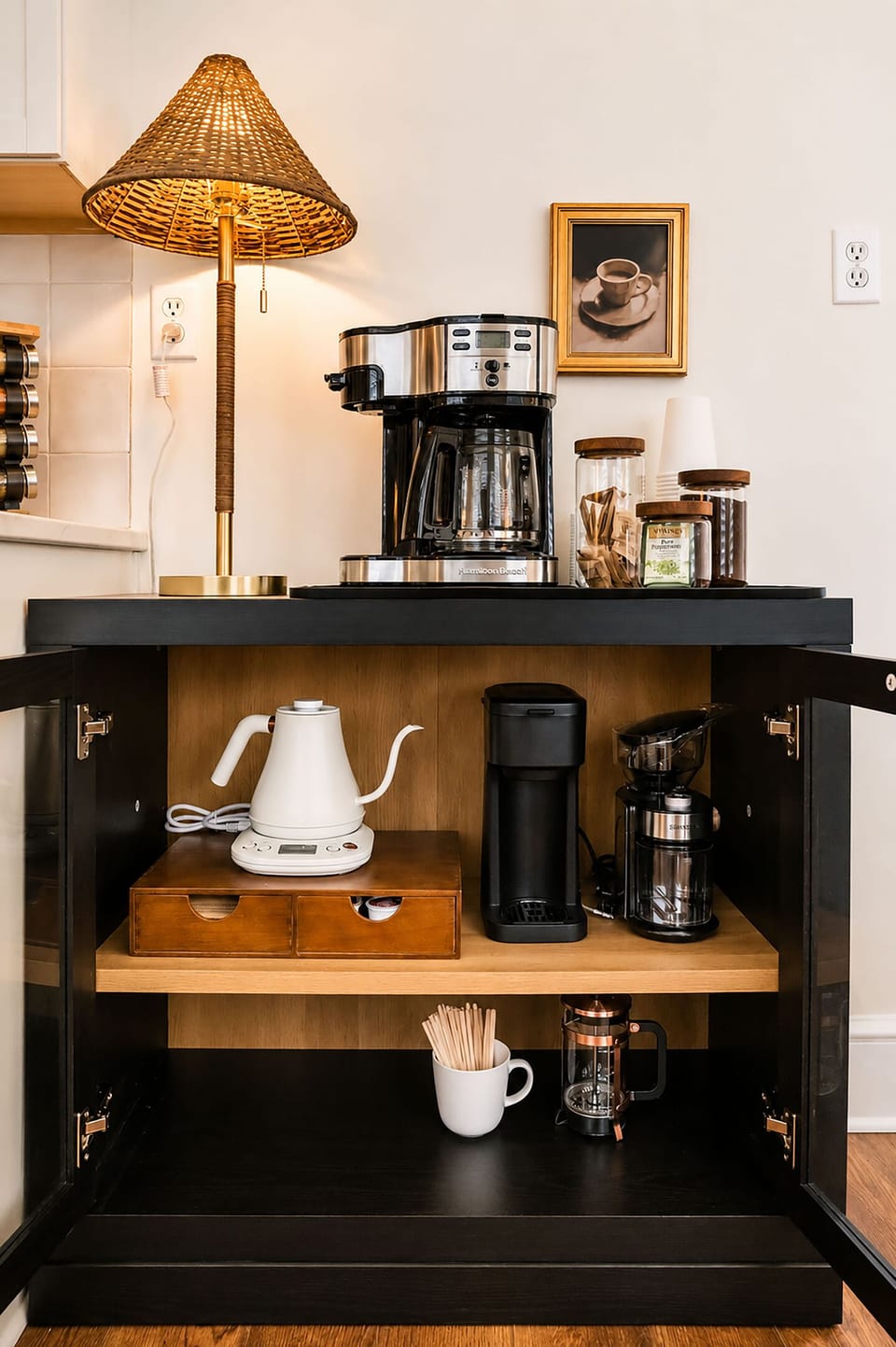 However your crew takes it, the first cup is handled, drip and Keurig and French press and a kettle all in one spot that becomes the unofficial meeting place until everyone's finally awake.
